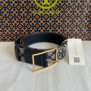 Tory Burch 1.5" T Monogram Belt jacquard Tory Navy Gold Size M Medium